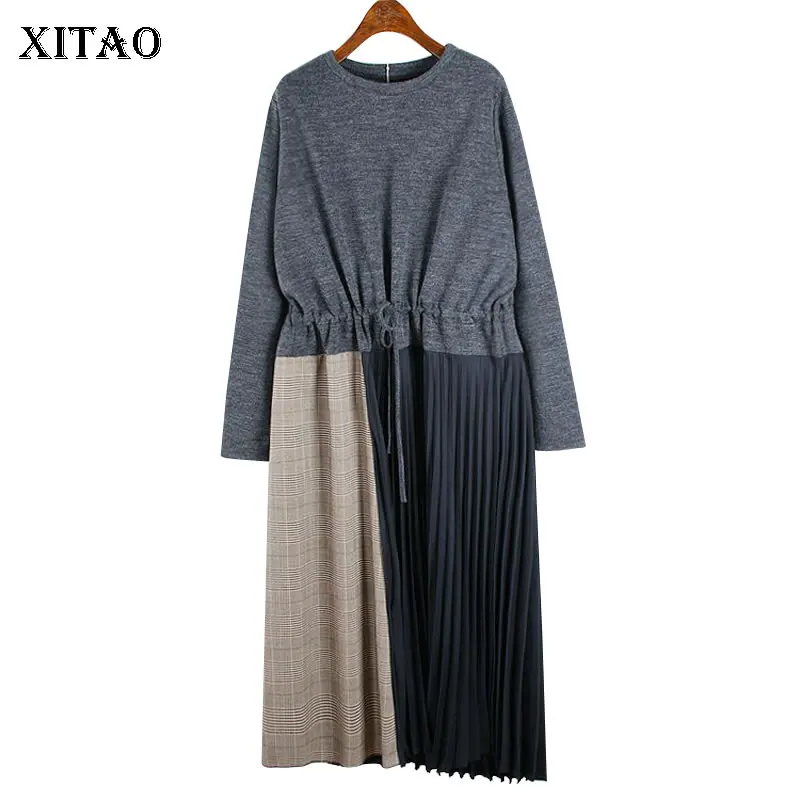 XITAO, плиссированное женское платье, модное, новинка, зимнее, бант, элегантное, длинный рукав, пэтчворк, пуловер, миноритарное, свободное платье, GCC3011