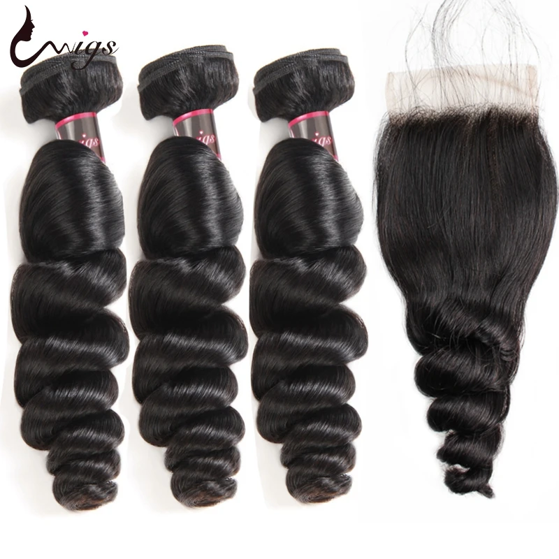 

Uwigs Loose Wave Bundles With Closure 3 Bundles With Closure 100% Virgin Human Hair Brazilian Hair Weave Bundles With Closure