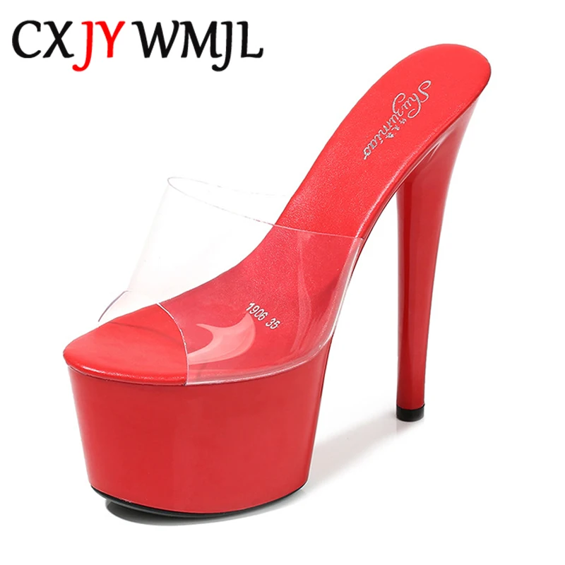 

Big Size Transparent PVC Women Platform Stiletto Sandals 9 Color Fashion Crystal Thick Bottom Slippers Sexy Mannequin Flip Flop