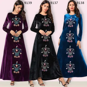 

Elegant Velvet Abaya Muslim Embroidery Maxi Dress Cardigan Kimono Long Robe Gowns Middle East Eid Ramadan Islamic Prayer