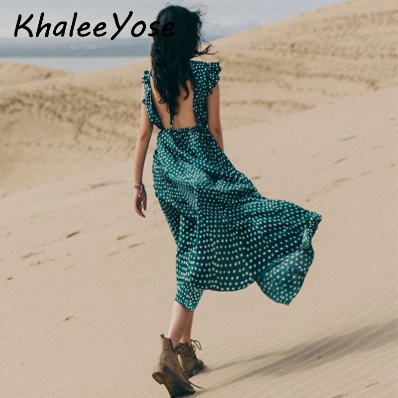Женское шифоновое платье KHALEE YOSE зеленое праздничное в горошек с эластичным