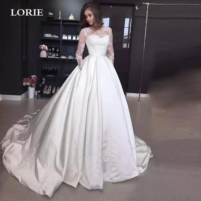 

LORIE A Line Satin Wedding Dress Long Sleeve Lace Bride Dress Buttons Back Vestido de novia Wedding Gowns