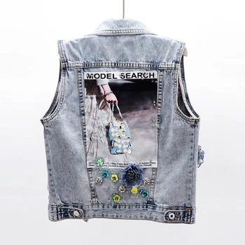 

Summer Denim Vest Women Short Sleeveless Jacket Coat Beading Sequins Flowers Print Waistcoat Plus size Slim Jeans Vests Female