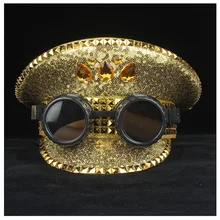 Стимпанк мода для мужчин и женщин Золотой шлем полиции с черными металлическими классами военная шляпа Детская атласная фуражка капитана представление шляпа 3 размера