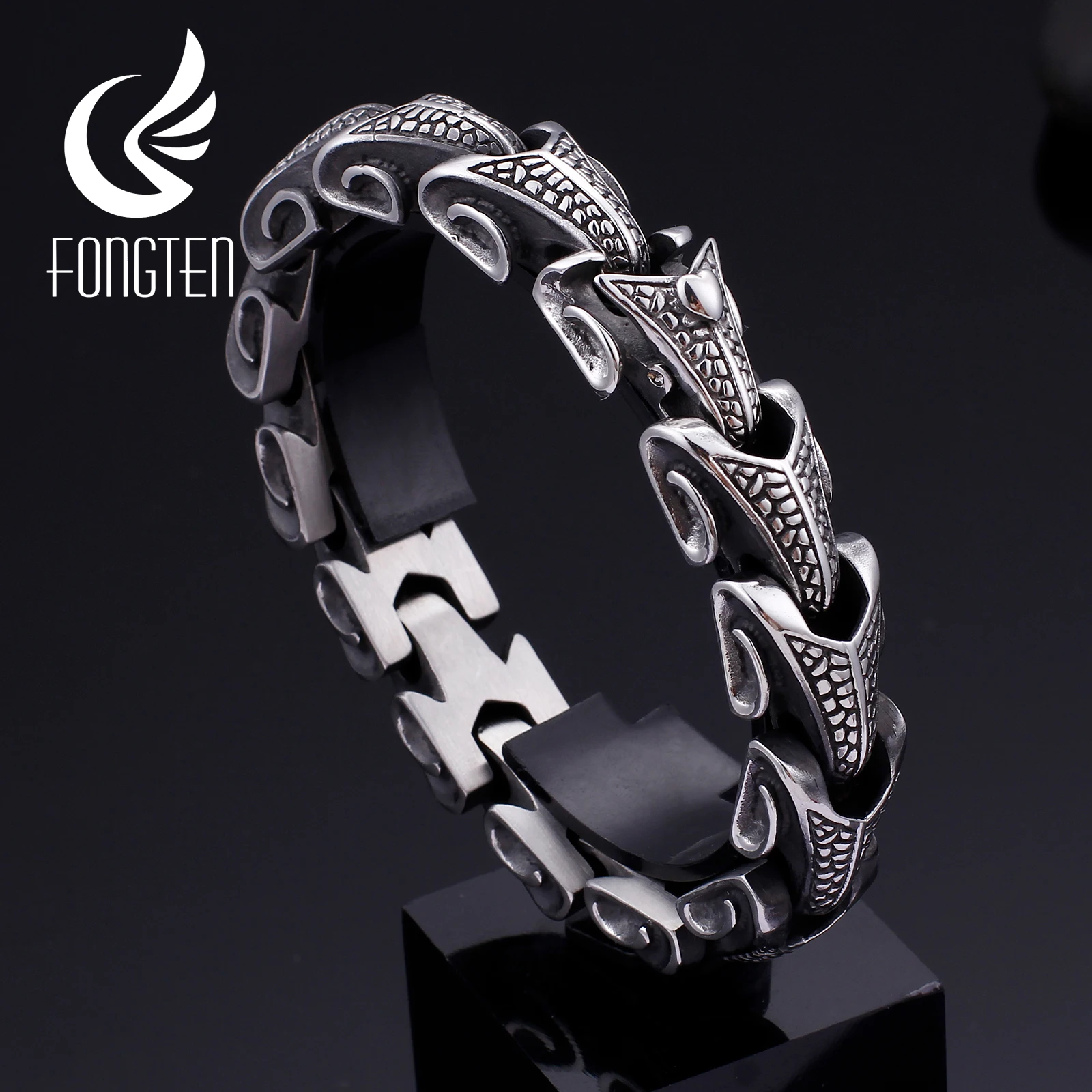 Fongten Винтажная с драконом черный браслет из нержавеющей стали мужские браслеты в стиле панк Модные ювелирные изделия