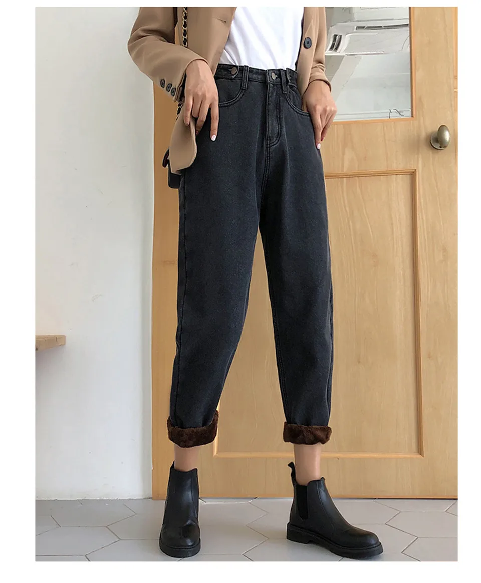 Джинсы женские с высокой осень талией штаны одежда широкие теплые ...