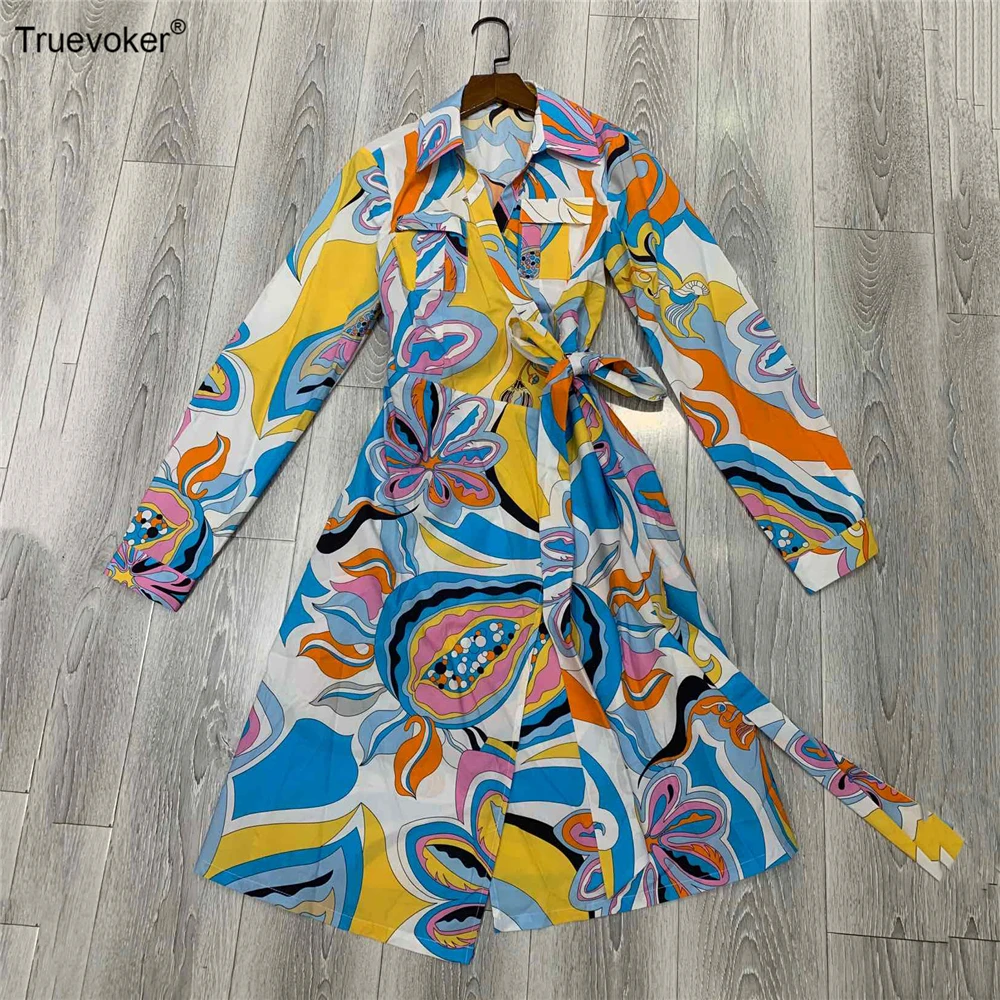 

Truevoker Autumn Runway Designer Cotton Shirt Dresses Women's Long Sleeve Colourful Geometry Printed Casual Vestidoes