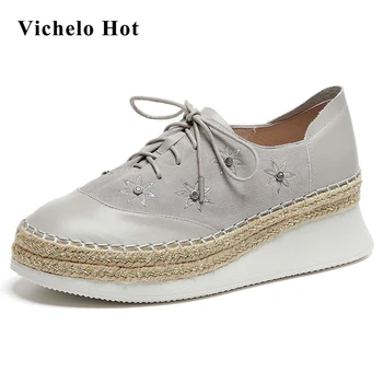 

Vichelo Hot new elegant genuine leather patchwork embroidery rhinestone gorgeous young lady casual streetwear women pumps L11
