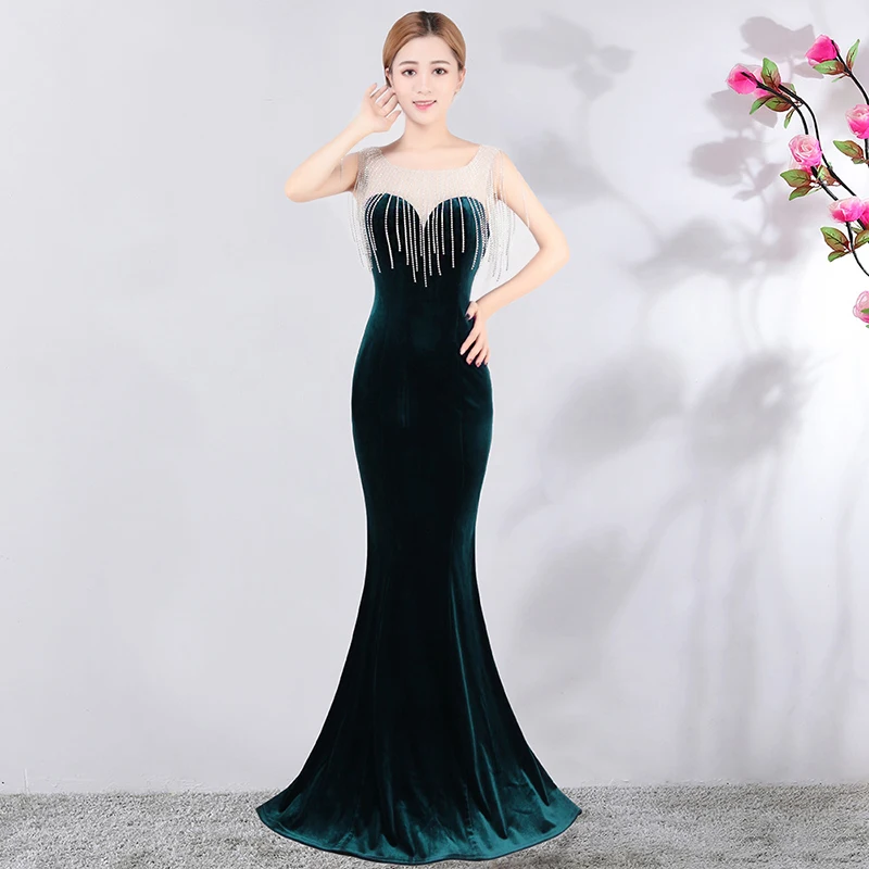 Red Mermaid Short Sleeve Evening Dress Rhinestone Formal Evening Gown Party Dresses Gowns Long Women Evening Robe De Soiree