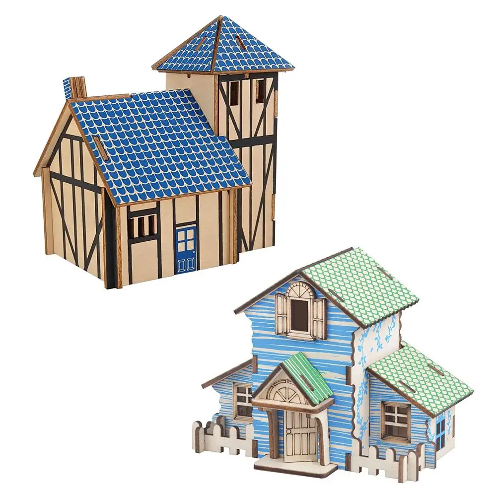 2Pcs Kids DIY Assembly Wooden 3D House Model Jigsaw Puzzle Learning Education Toy Intelligence Develop Toys | Игрушки и хобби