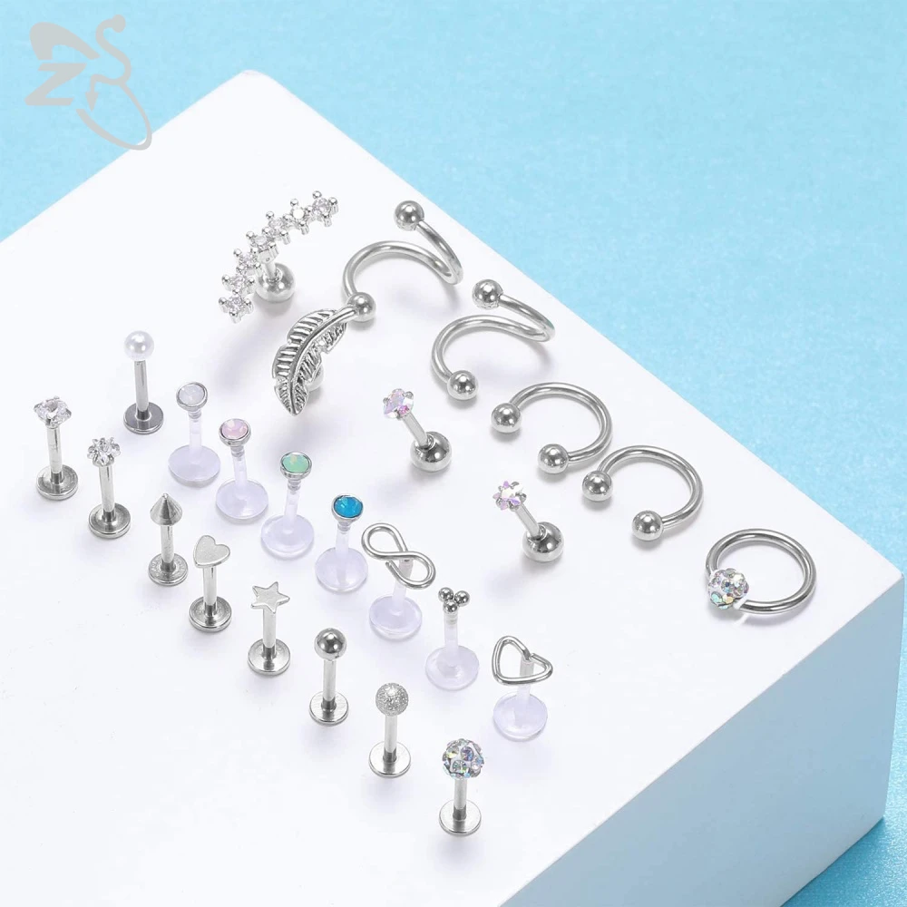 1 Set 16G Surgical Steel Lip Piercings Crystal Ear Cartilage Tragus Conch Daith Piercing Hoop Nose Ring Jewelry for Women Men