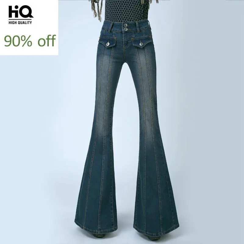

Retro Women Plus Size High Waist Slim Fit Jeans Female Bell Bottom Bootcut Trousers Fashion Ladies Wide Leg Jeans Pants Pockets