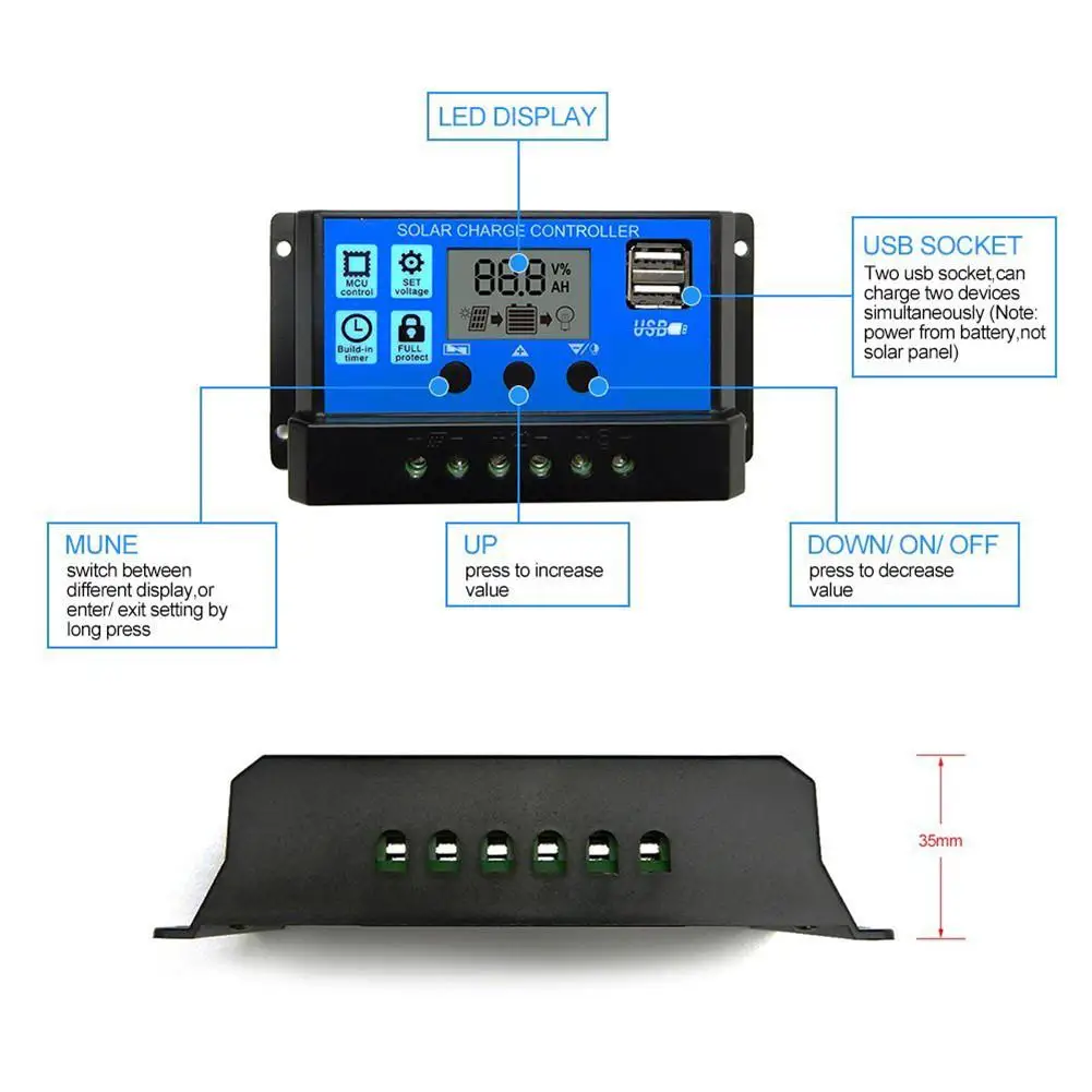 60A/50A/40A/30A/20A/10A 12V 24V Авто за максимальной точкой мощности, Солнечный контроллер заряда ШИМ-контроллеры ЖК-дисплей Dual USB 5V Выход обжимной инструмент для солнечной панели РЕГУЛЯТОР