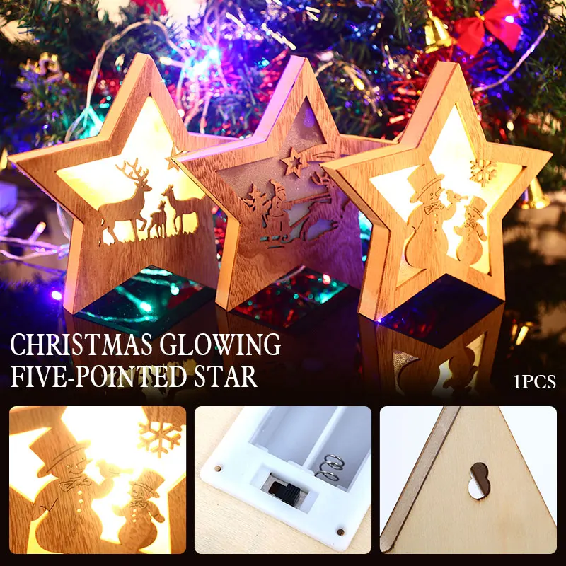 

LED Lights Wooden Christmas Eve Home Decoration 3D Christmas Wooden Pentagram Christmas Glowing Star Ornaments Restaurant