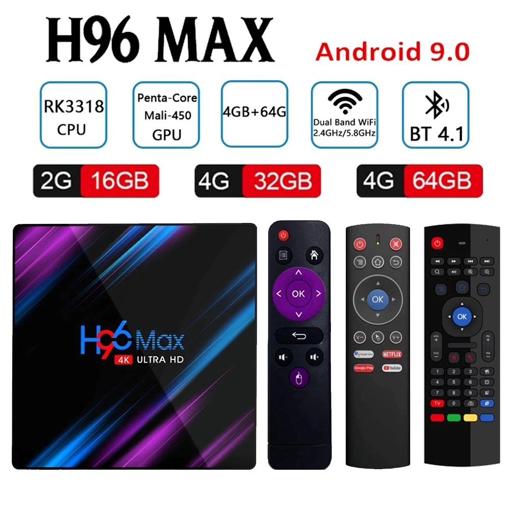 

H96 max TV Box Android 9.0 RK3318 Quad-Core 4K H.265 4GB RAM 64GB ROM WiFi 2.4G&5G Smart Android TV Box support Netflix TV box