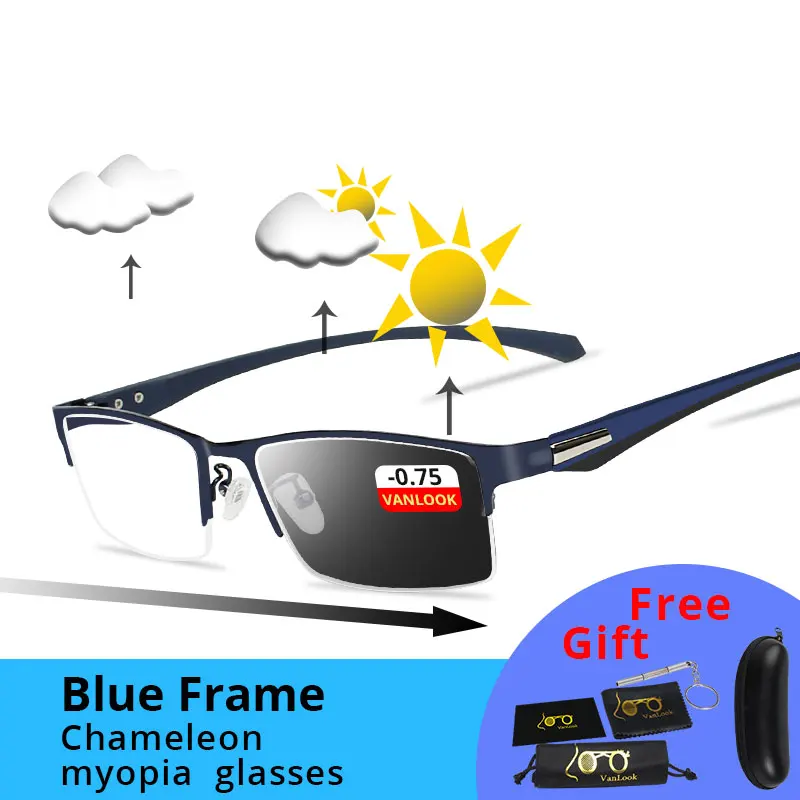Фотохромные очки Хамелеон Линзы Близорукость Blue Light Blocking Мужские компьютерные очки Игра на прицел-0,50-0,75-175-5,5-6 - Цвет оправы: Blue-0.75