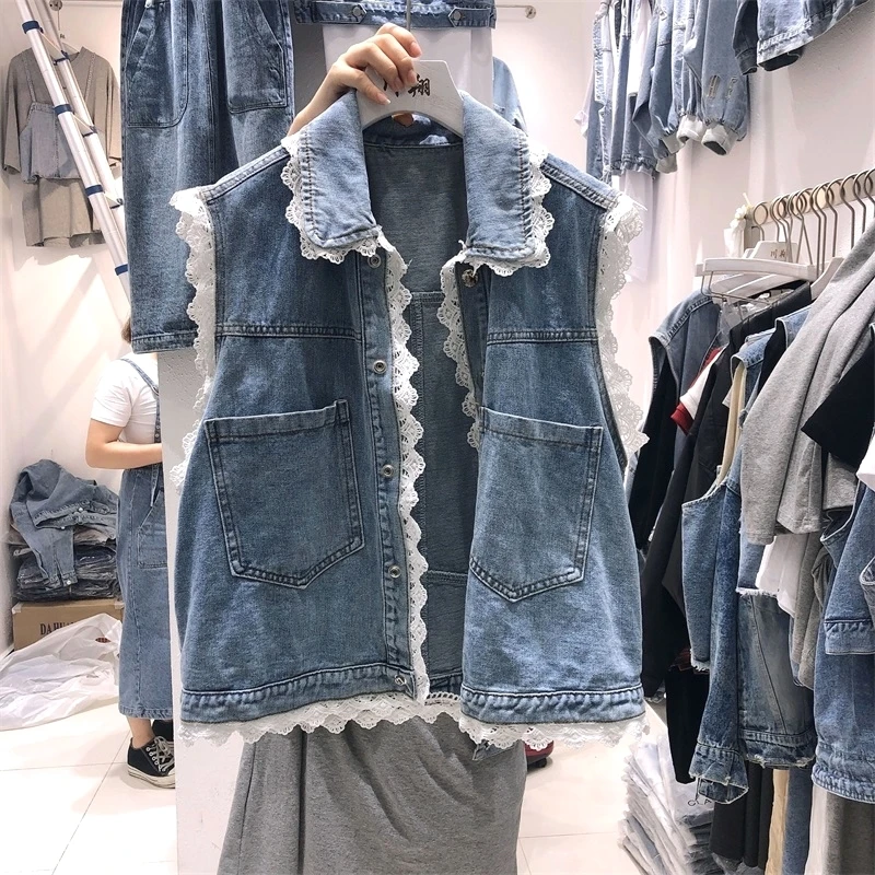 

[EWQ] 2019 spring autumn new style lapel sleeveless denim patchwork lace single breasted vintage vest women fashion tide AH10705