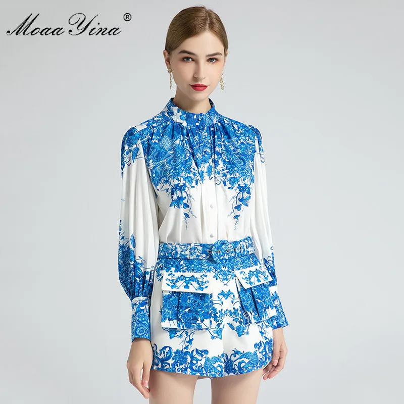 

MoaaYina Fashion Designer Set Spring Women's Lantern Sleeve Tops+Blue and white porcelain Print Shorts Indie Folk Two-piece suit