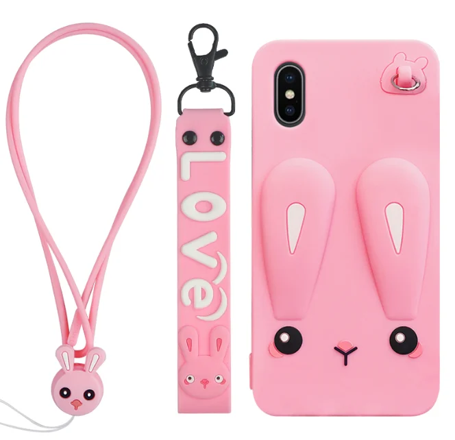 Adorable Phone Case For Xiaomi Redmi Note 8 Pro Note 8 Redmi 7 7A K20 Safe Silicone Rabbit Case With Cute Short+ Long Lanyard