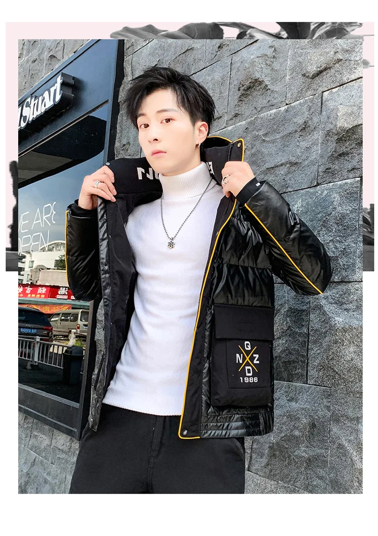 Winter New Style Men Bright Surface Cotton-padded Clothes Men'S Wear Teenager Trend Cool Mixed Colors Hooded Cotton Coat Student