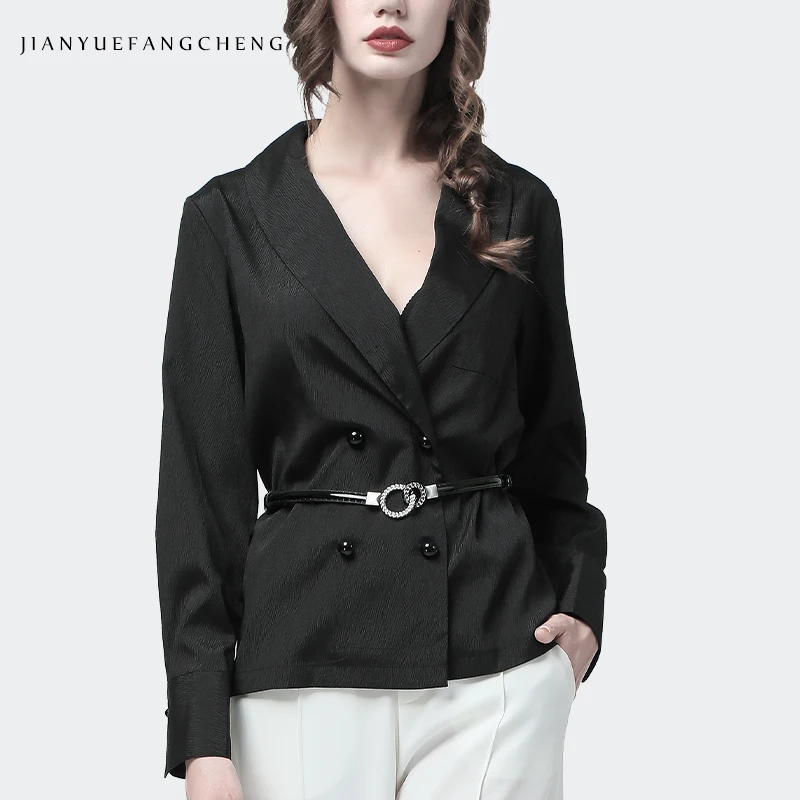 

Women Black Office Shirt Notched Long Sleeve Deep V-Neck Top Fashion Korean Style Lady Autumn Casual Wore Wear Shirts Size S-4XL