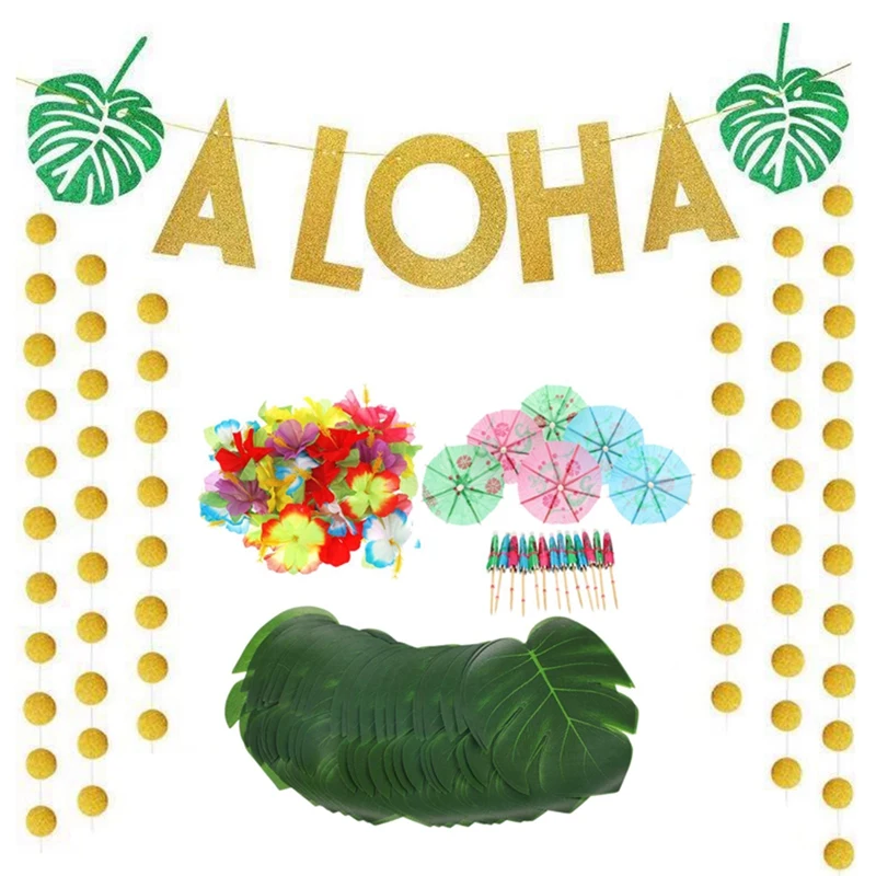 

189 PCS Hawaiian Tropical Theme Party Decorations Set Includes Gold Glitter Aloha Banner Mixed Color Paper Umbrellas Tropical Pa