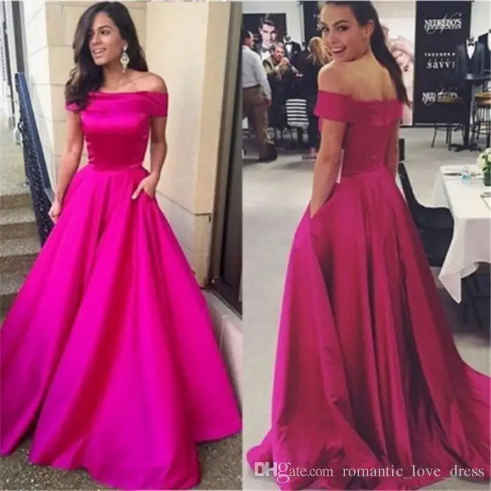 

Off the shoulder Fuchsia Evening Dress With Pocket 2019 robe de soiree abiye Simple Style A-Line Satin Formal Prom Party Gown