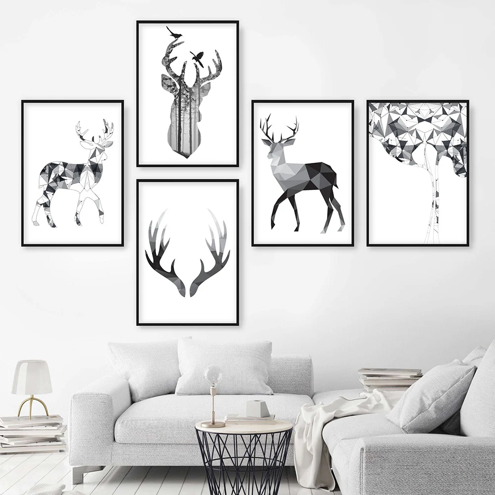 

Geometric Stag Deer Black & Grey Posters and Prints Canvas Painting Wall Picture Scandinavian Nordic Wall Art Home Decotation