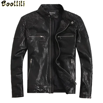 

Boollili Real Cow Leather Jacket Men 2020 Spring New Coats Style of Moto&Biker Mandarin Collar Slim Short No Jacket