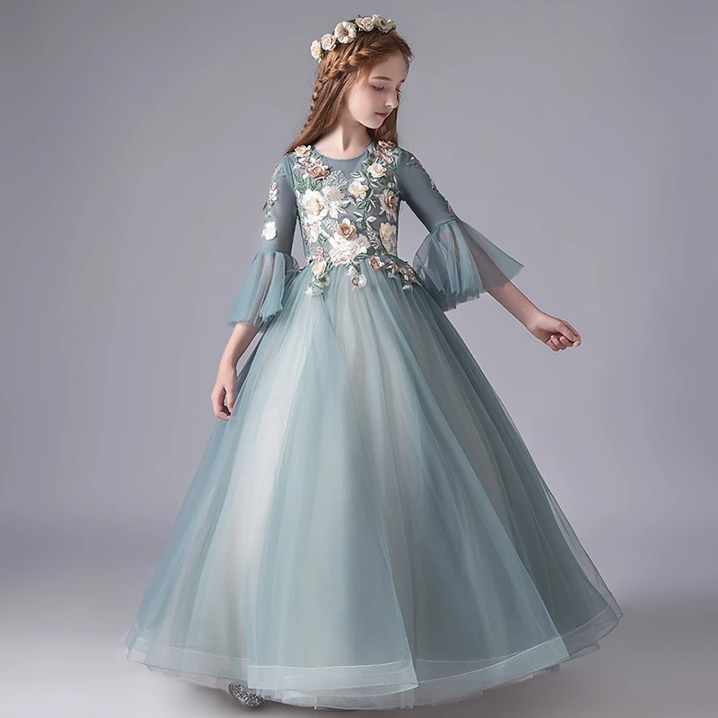 Vestidos de encaje de bordadas para niña, fiesta de boda, niña de flores, manga larga de tul, vestido de comunión para desfile de princesa para niños|Vestidos| - AliExpress