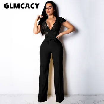 

Women Elegant Contrast Lace Insert Short Sleeve V Neck High Waist Bowknot Jumpsuits Summer Party Overalls Outfit