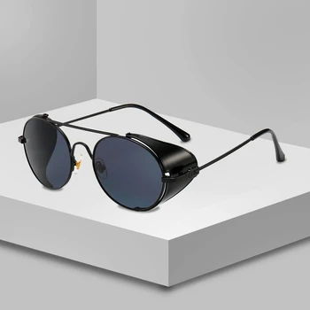 

oakshion 2019 New Vintage Luxury Steampunk Sunglasses Women Men Leather Side Shield Metal Round Punk Sun Glasses Mirror Eyewear