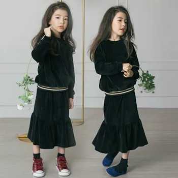 

New temperament kids&teenager big girls black velour long sleeve blouse with fishtail flare skirt 2 pcs set velvet clothes 4-16y