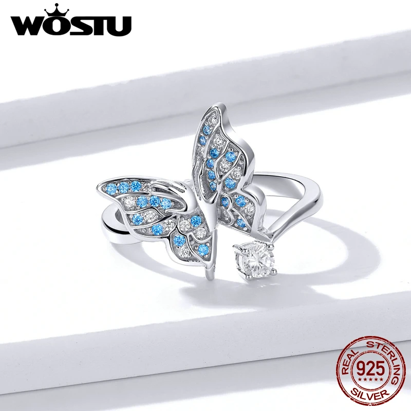 WOSTU,, 925 пробы, серебряная бабочка, голубой циркон, кольца, регулируемый размер, кольцо на палец для женщин, модное свадебное ювелирное изделие CTR098