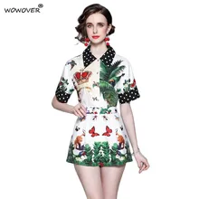 

Summer Runway Suit for Women 2021 New Fashion Turn Down Collar Print Shirt+Shorts 2 Piece Matching Set Casual Office Lady Outfit