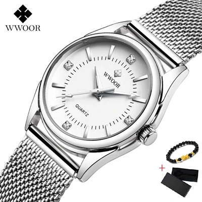 White Reloj mujer WWOOR женский раскошный ремешок для часов Брендовые женские часы под платье стальной сетчатый ремешок повседневные часы из розового золота кварцевые наручные часы - Цвет: White