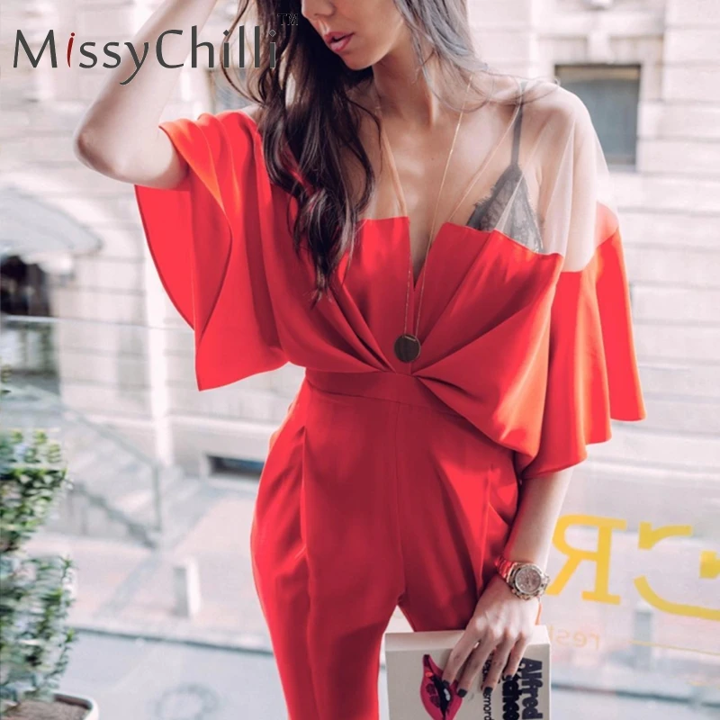 MissyChilli красный лоскутный плиссированный комбинезон для женщин Модный сексуальный комбинезон женский винтажный v шеи длинный костюм пляжного типа