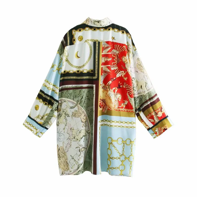 2021 ZA Oversized Patchwork Print Summer Shirt Women Long Sleeve Vintage Loose Blouse Female Fashion Plus Size Long Tops