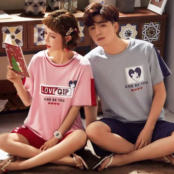 

Men and Women's Cute Cotton Thin Homewear Clothes Summer Couple Printed Pajamas Sets Short Sleeve Shorts Nightwear Pj Set
