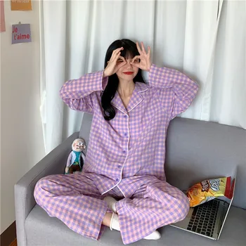 

Autumn and winter new women's Korean casual comfort color contrast Plaid long sleeve pants casual home wear pajamas set