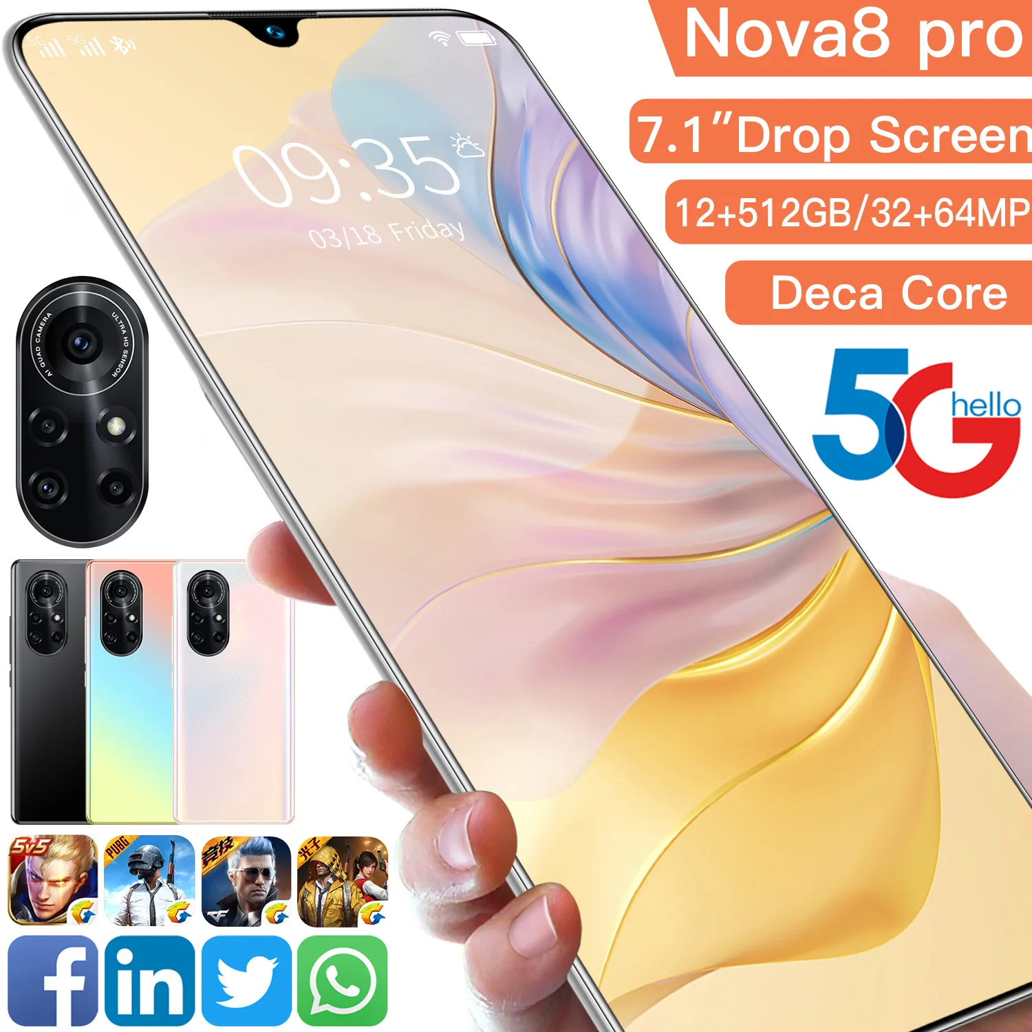 Global Version Nova8pro 7.1 Inch FHD+ 512GB Smartphone Face ID 32+64MP Dual SIM+SD Cell Phone Android 10 Mobile Phone MTK6595