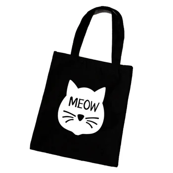 

Female Canvas Beach Bag Cartoon Cat Printed Casual Tote Women Handbag Daily Use Shoulder Shopping Bags Black bolsos mujer