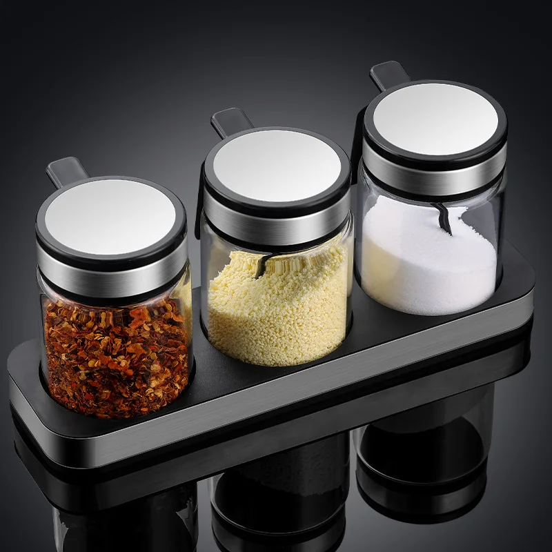 

High Temperature Resistant Glass Seasoning Jar Set Household Kitchen Supplies Base Stainless Steel Seasoning Box