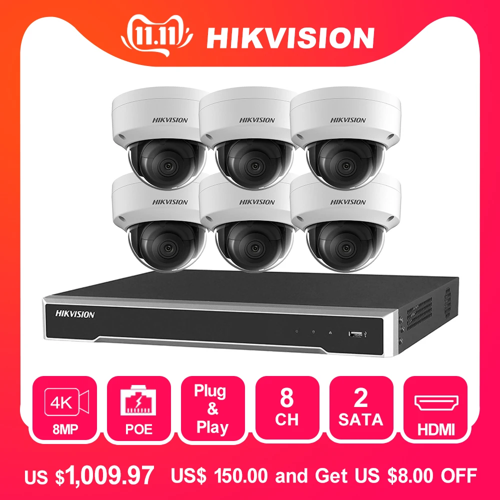 Hikvision 8CH комплект видеонаблюдения 8MP система безопасности камера POE NVR 4K выход 8 шт