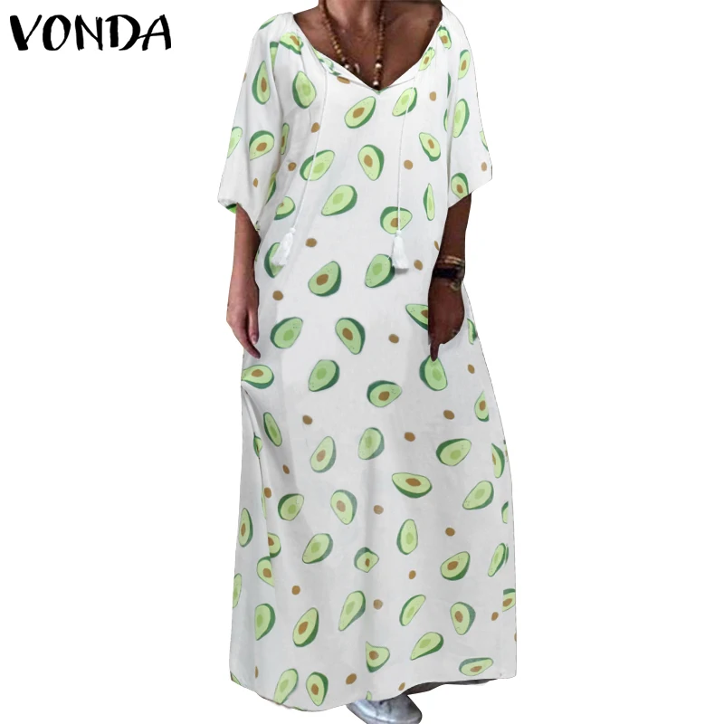 White VONDA/летнее платье, винтажное длинное платье макси с рукавом три четверти и принтом, богемное летнее платье, повседневные свободные вечерние платья, большие размеры S-5XL - Цвет: White