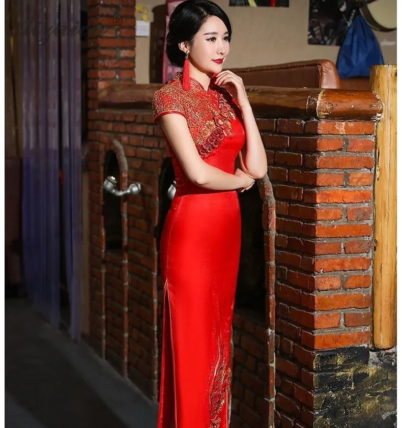 Сезон: весна-лето новый ретро вышивка Cheongsam платья для женщин Chinoise невесты длинные Qi Pao для китайский традиционный свадебный платье Красный