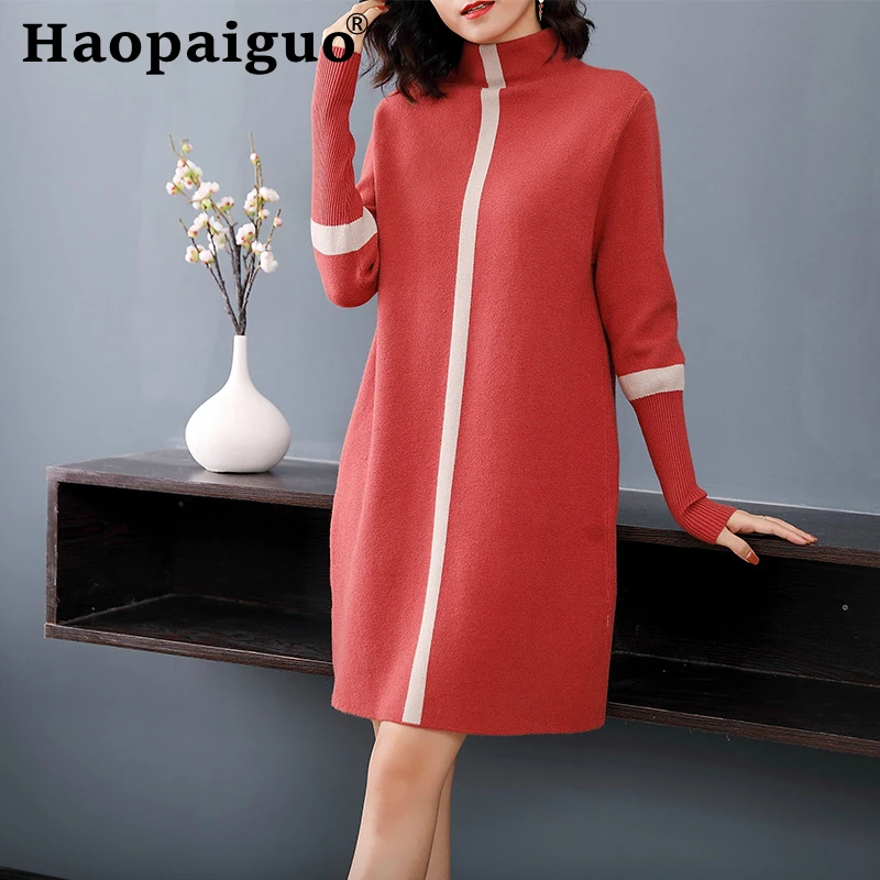 

Dropshipping Solid Loose Knitted Sweater Red Dress Women Long Sleeve Half Turtleneck Work Office Dress Women Print Striped Ropa