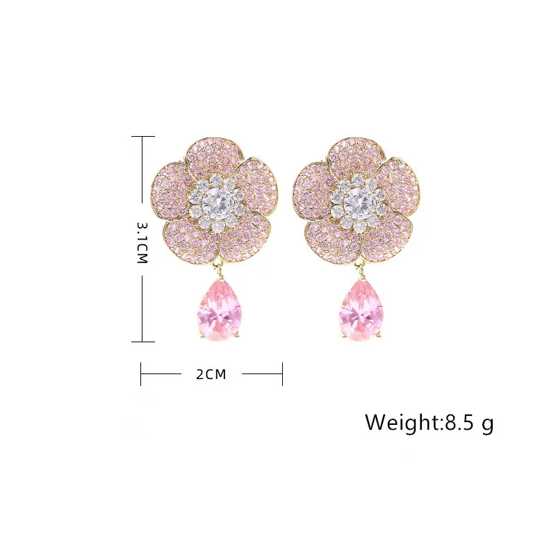 French Elegant Rose Flower Pink AAA Zircon Earrings For Women Micro-inlaid Silver Needle Drop Earring Luxury Female Jewelry