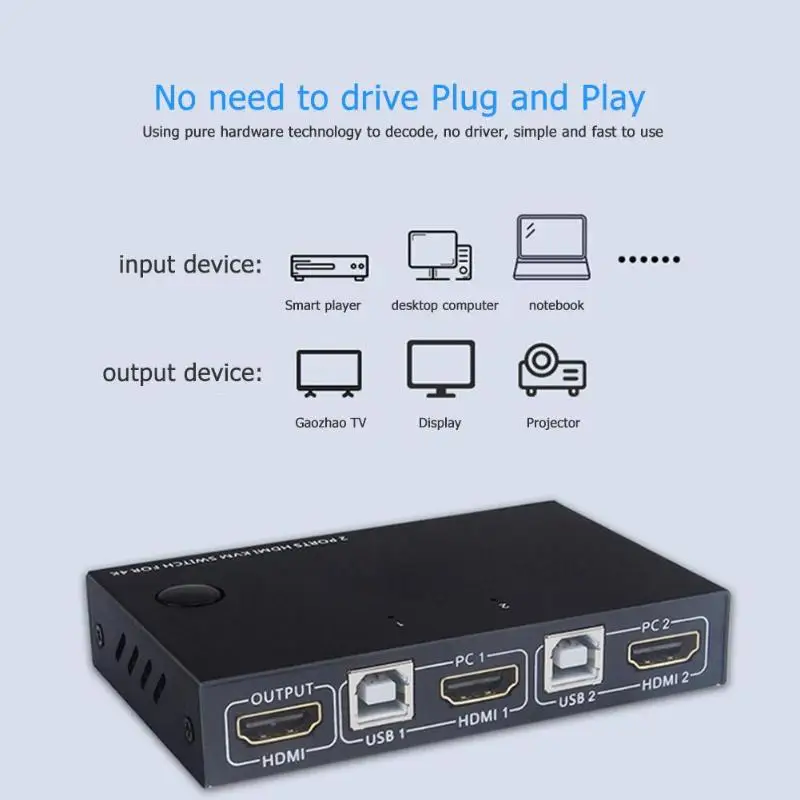 USB HDMI KVM переключатель коробка 4 K/30Hz видео коммутатор сплиттер для 2 ПК Принтер для компьютеров Клавиатура Мышь
