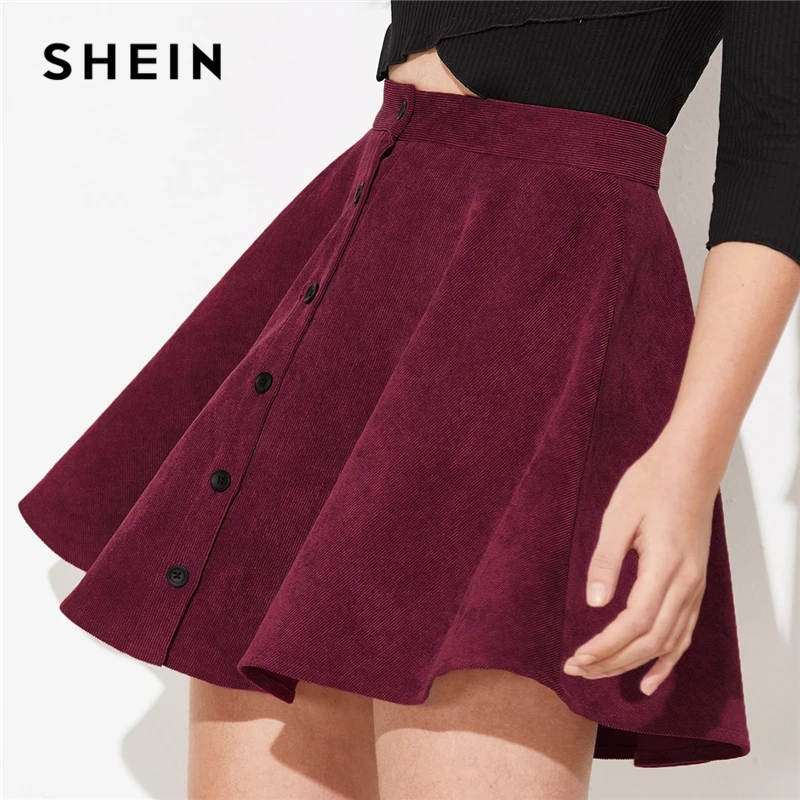 SHEIN однотонная Вельветовая повседневная юбка с пуговицами спереди, Женская юбка, осень, уличная одежда, высокая талия, Женские базовые короткие расклешенные юбки